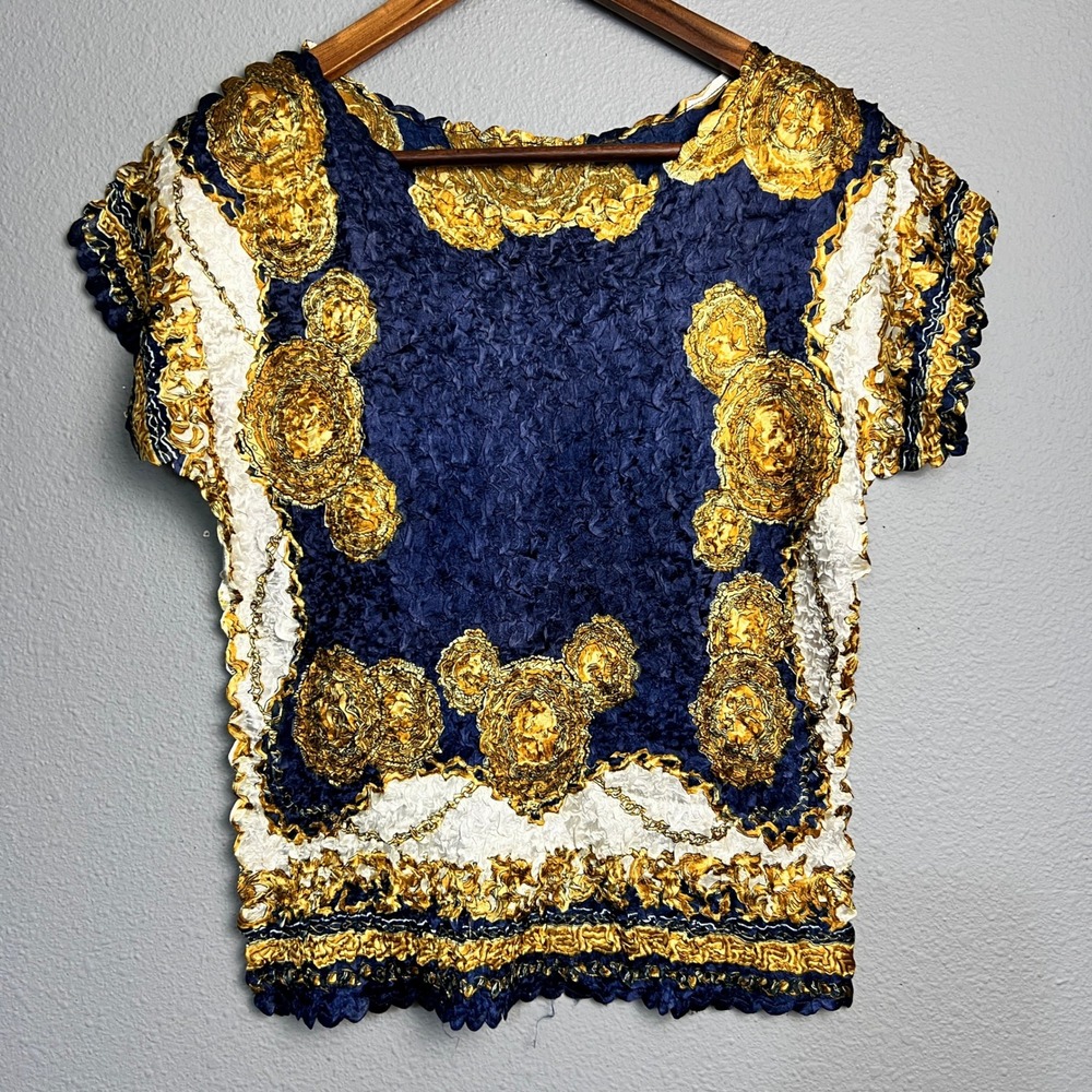 Y2K Crinkle Baroque Blouse Gold Chain Print Stretch Top Retro VTG‎ Club M/L